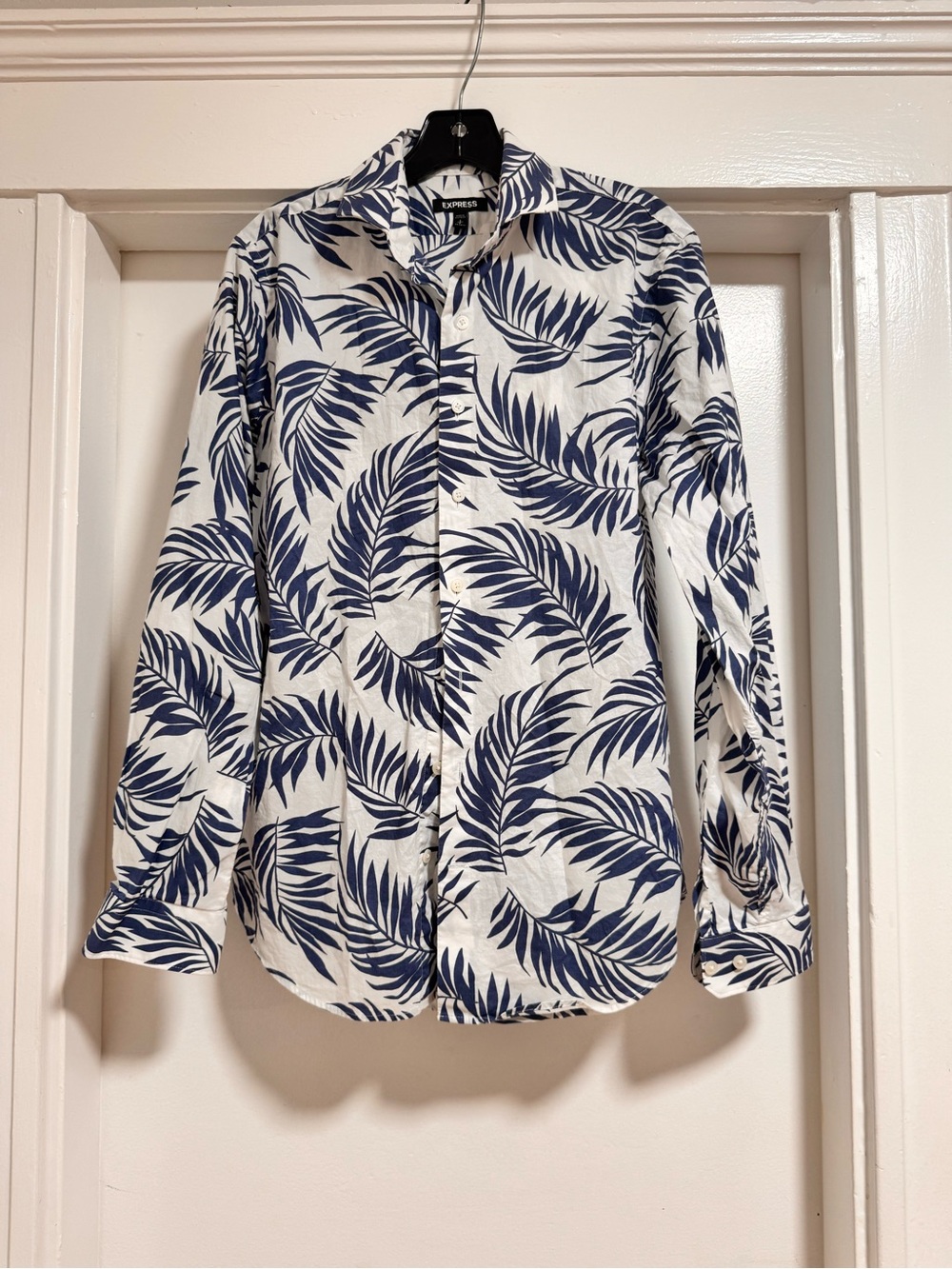 Express White and Blue Leaf Print Button Down Shirt - Size S